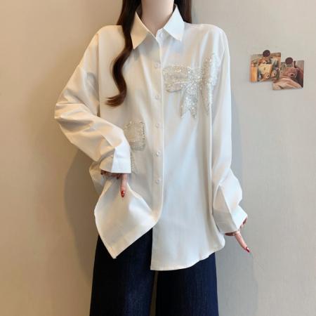 FA54830# 大码女装立体蝴蝶设计感重工钉珠衬衫早春新款显瘦上衣  服裝批發女裝批發服飾貨源