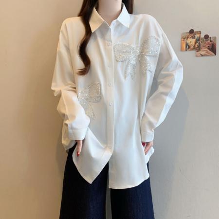 FA54830# 大码女装立体蝴蝶设计感重工钉珠衬衫早春新款显瘦上衣  服裝批發女裝批發服飾貨源