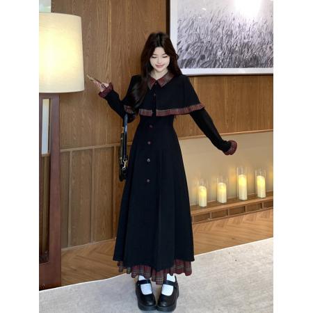 春季新款胖mm别致拼接斗篷连衣...