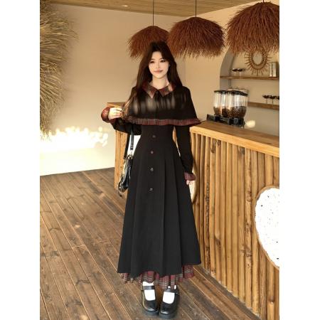 FA54831# 春季新款胖mm别致拼接斗篷连衣裙显瘦高级感独特减龄长裙子女  服裝批發女裝批發服飾貨源