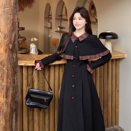 FA54831# 春季新款胖mm别致拼接斗篷连衣裙显瘦高级感独特减龄长裙子女  服裝批發女裝批發服飾貨源