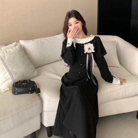 FA54832# 春新款胖mm千金感泡泡袖波点拼接连衣裙女法式收腰显瘦长裙子  服裝批發女裝批發服飾貨源