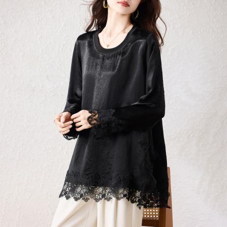 FA54835# 春季新款大码高级感蕾丝拼接醋酸高定小衫宽松显瘦上衣  服裝批發女裝批發服飾貨源