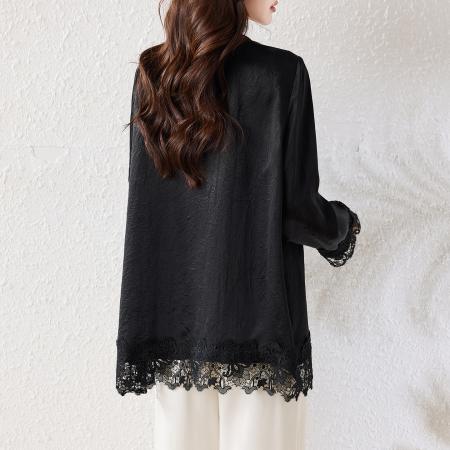 FA54835# 春季新款大码高级感蕾丝拼接醋酸高定小衫宽松显瘦上衣  服裝批發女裝批發服飾貨源