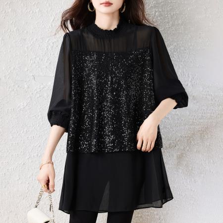 FA54836# 早春新款大码时尚高级重工亮片拼接显瘦遮肚雪纺上衣女  服裝批發女裝批發服飾貨源