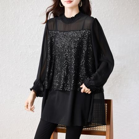 FA54836# 早春新款大码时尚高级重工亮片拼接显瘦遮肚雪纺上衣女  服裝批發女裝批發服飾貨源