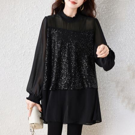FA54836# 早春新款大码时尚高级重工亮片拼接显瘦遮肚雪纺上衣女  服裝批發女裝批發服飾貨源
