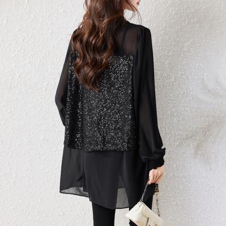 FA54836# 早春新款大码时尚高级重工亮片拼接显瘦遮肚雪纺上衣女  服裝批發女裝批發服飾貨源