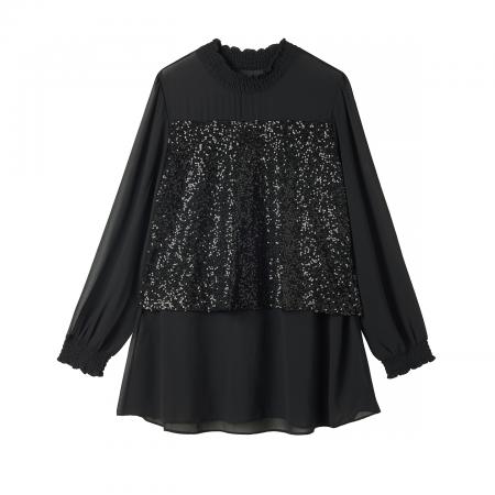 FA54836# 早春新款大码时尚高级重工亮片拼接显瘦遮肚雪纺上衣女  服裝批發女裝批發服飾貨源