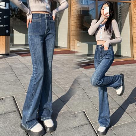 FA54837# 春季新款复古牛仔长裤女韩版高腰弹力修身显瘦阔腿喇叭裤子  服裝批發女裝批發服飾貨源