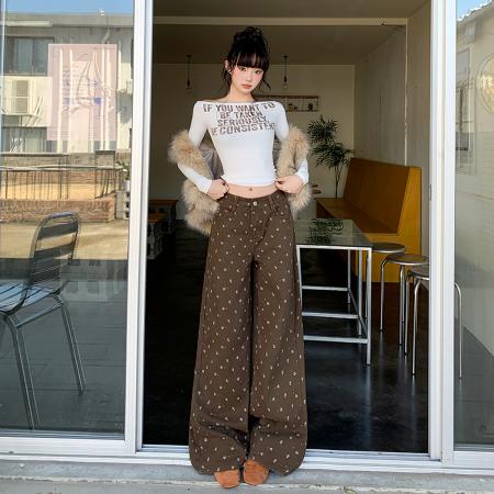 FA54839# 春季新款碎花牛仔长裤女美式高腰宽松百搭休闲慵懒阔腿拖地裤  服裝批發女裝批發服飾貨源