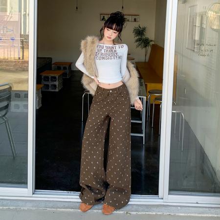 FA54839# 春季新款碎花牛仔长裤女美式高腰宽松百搭休闲慵懒阔腿拖地裤  服裝批發女裝批發服飾貨源