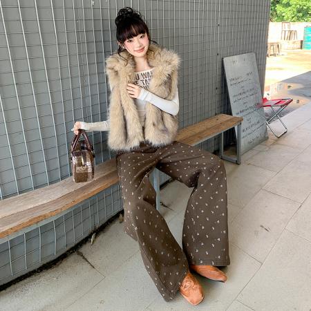 FA54839# 春季新款碎花牛仔长裤女美式高腰宽松百搭休闲慵懒阔腿拖地裤  服裝批發女裝批發服飾貨源