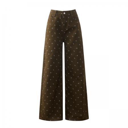 FA54839# 春季新款碎花牛仔长裤女美式高腰宽松百搭休闲慵懒阔腿拖地裤  服裝批發女裝批發服飾貨源