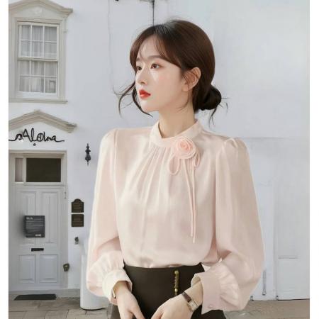 FA54841# 春季新款气质木耳花边钉珠立体花朵缎面雪纺衬衫女上衣  服裝批發女裝批發服飾貨源