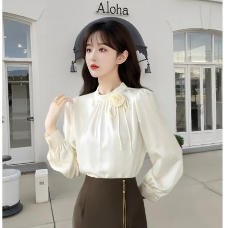 FA54841# 春季新款气质木耳花边钉珠立体花朵缎面雪纺衬衫女上衣  服裝批發女裝批發服飾貨源