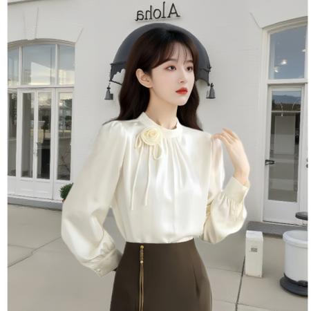 FA54841# 春季新款气质木耳花边钉珠立体花朵缎面雪纺衬衫女上衣  服裝批發女裝批發服飾貨源