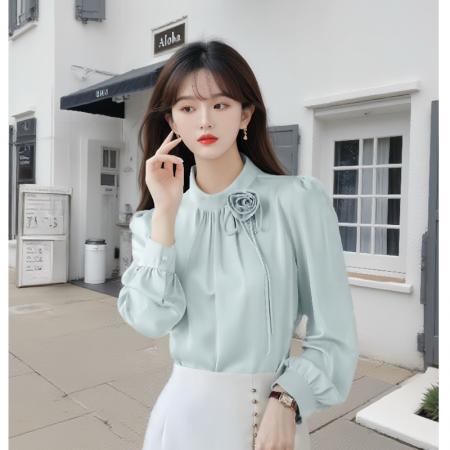 FA54841# 春季新款气质木耳花边钉珠立体花朵缎面雪纺衬衫女上衣  服裝批發女裝批發服飾貨源