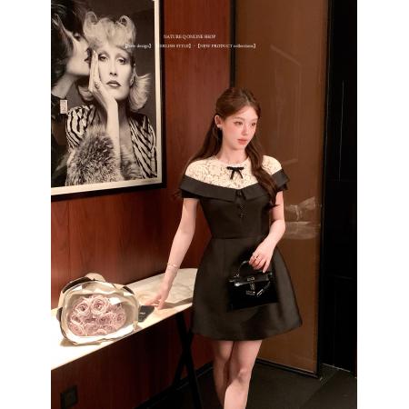 FA54842# 蕾丝拼接黑色小礼裙连衣裙  服裝批發女裝批發服飾貨源