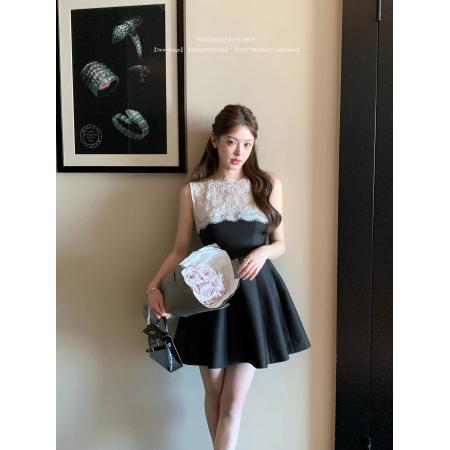 FA54843# 蕾丝拼接无袖小黑裙连衣裙  服裝批發女裝批發服飾貨源