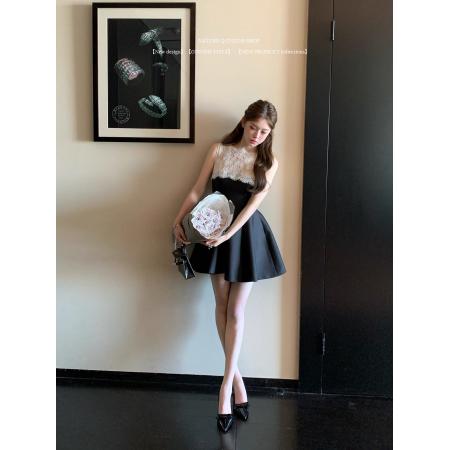 FA54843# 蕾丝拼接无袖小黑裙连衣裙  服裝批發女裝批發服飾貨源
