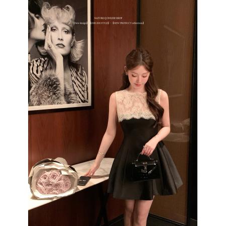 FA54843# 蕾丝拼接无袖小黑裙连衣裙  服裝批發女裝批發服飾貨源