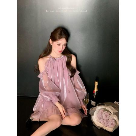 立体花朵露肩挂脖连衣裙  服裝批發女裝批發服飾貨源