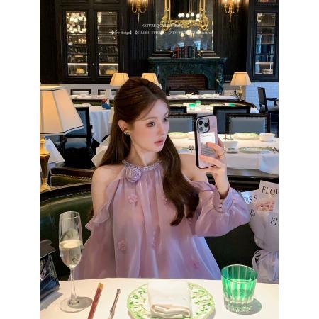 FA54847# 立体花朵露肩挂脖连衣裙  服裝批發女裝批發服飾貨源