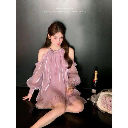 FA54847# 立体花朵露肩挂脖连衣裙  服裝批發女裝批發服飾貨源