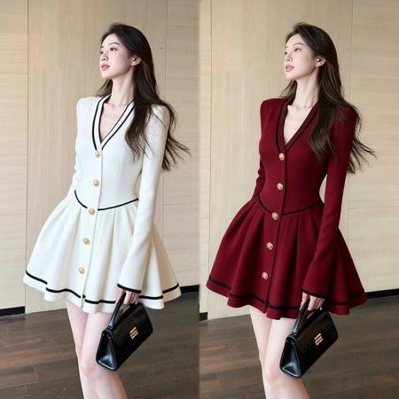 FA54849# 小香风千金感气质名媛连衣裙女秋冬大码胖mm高级感漂亮收腰短裙子  服裝批發女裝批發服飾貨源