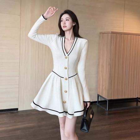 FA54849# 小香风千金感气质名媛连衣裙女秋冬大码胖mm高级感漂亮收腰短裙子  服裝批發女裝批發服飾貨源