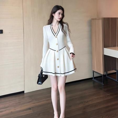 FA54849# 小香风千金感气质名媛连衣裙女秋冬大码胖mm高级感漂亮收腰短裙子  服裝批發女裝批發服飾貨源