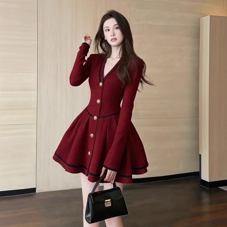 FA54849# 小香风千金感气质名媛连衣裙女秋冬大码胖mm高级感漂亮收腰短裙子  服裝批發女裝批發服飾貨源