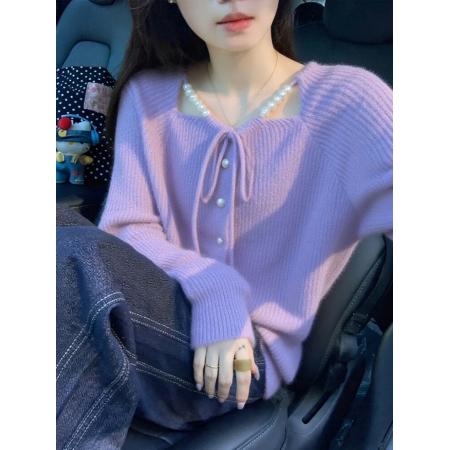 FA54850# 甜美风紫色蝴蝶结系带针织开衫女秋冬季新款时尚洋气百搭毛衣外套  服裝批發女裝批發服飾貨源