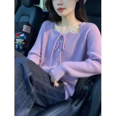 FA54850# 甜美风紫色蝴蝶结系带针织开衫女秋冬季新款时尚洋气百搭毛衣外套  服裝批發女裝批發服飾貨源