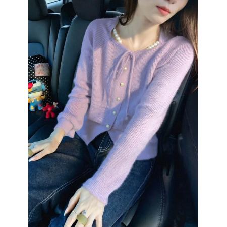 FA54850# 甜美风紫色蝴蝶结系带针织开衫女秋冬季新款时尚洋气百搭毛衣外套  服裝批發女裝批發服飾貨源