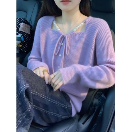 FA54850# 甜美风紫色蝴蝶结系带针织开衫女秋冬季新款时尚洋气百搭毛衣外套  服裝批發女裝批發服飾貨源