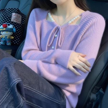 FA54850# 甜美风紫色蝴蝶结系带针织开衫女秋冬季新款时尚洋气百搭毛衣外套  服裝批發女裝批發服飾貨源