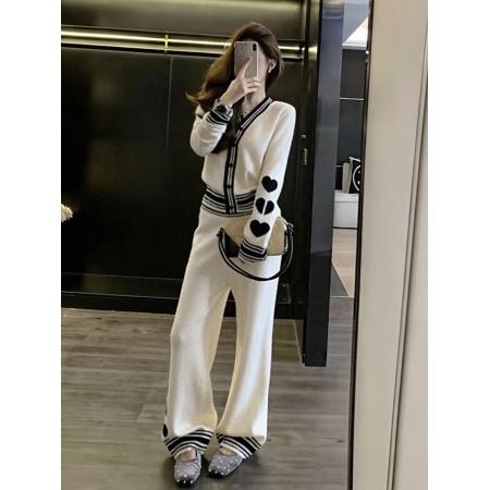 FA54851# 冬季搭配一整套大码胖mm撞色针织外套休闲裤巨好看气质两件套装女  服裝批發女裝批發服飾貨源