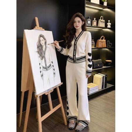 FA54851# 冬季搭配一整套大码胖mm撞色针织外套休闲裤巨好看气质两件套装女  服裝批發女裝批發服飾貨源