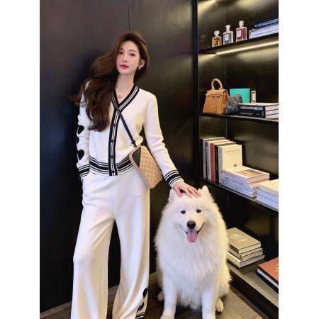 FA54851# 冬季搭配一整套大码胖mm撞色针织外套休闲裤巨好看气质两件套装女  服裝批發女裝批發服飾貨源