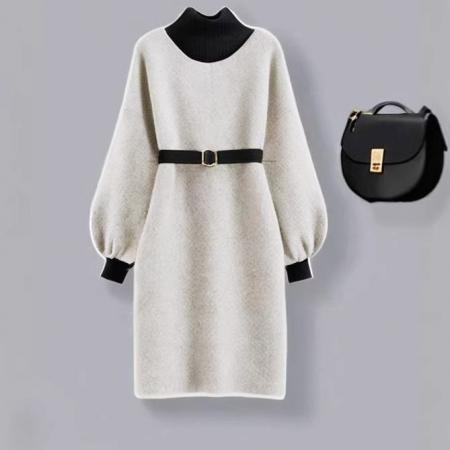 FA54852# 日系秋冬新款时尚简约撞色高领连衣裙带腰带  服裝批發女裝批發服飾貨源
