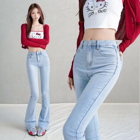 FA54853# 春季新款＆设计感泼墨蓝点缀微喇叭牛仔裤女薄款高腰显瘦裤子  服裝批發女裝批發服飾貨源
