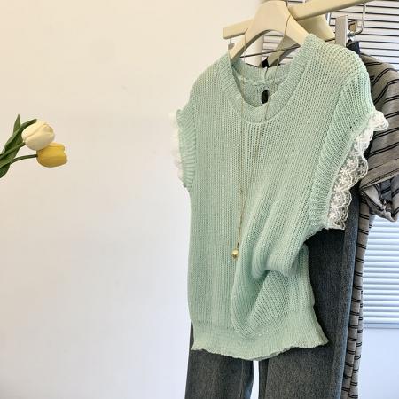 FA54854# 蕾丝拼接短袖t恤女新款女夏季针织衫后背镂空设计感上衣薄款  服裝批發女裝批發服飾貨源