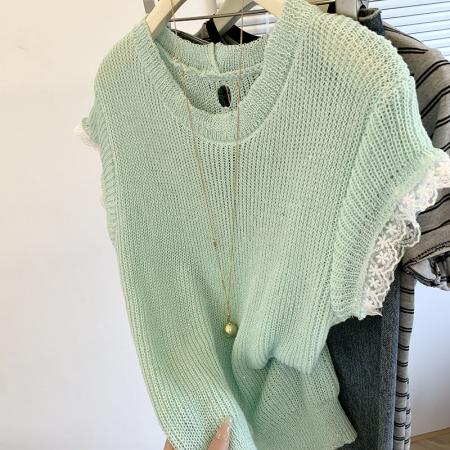 FA54854# 蕾丝拼接短袖t恤女新款女夏季针织衫后背镂空设计感上衣薄款  服裝批發女裝批發服飾貨源