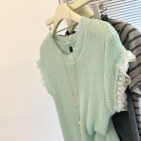 FA54854# 蕾丝拼接短袖t恤女新款女夏季针织衫后背镂空设计感上衣薄款  服裝批發女裝批發服飾貨源