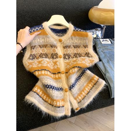 FA54855# 春新款菱形提花毛衣马甲女短款叠穿外搭无袖针织开衫背心  服裝批發女裝批發服飾貨源