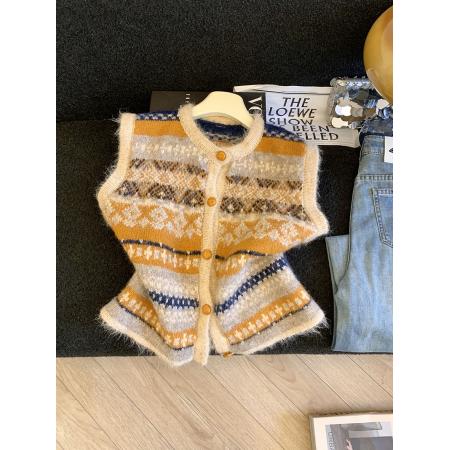 FA54855# 春新款菱形提花毛衣马甲女短款叠穿外搭无袖针织开衫背心  服裝批發女裝批發服飾貨源