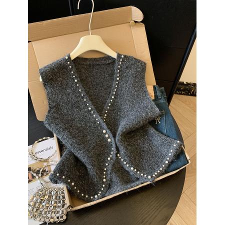 FA54857# 设计感钉珠针织马甲开衫女冬季新款高级感叠穿坎肩毛衣上衣女  服裝批發女裝批發服飾貨源