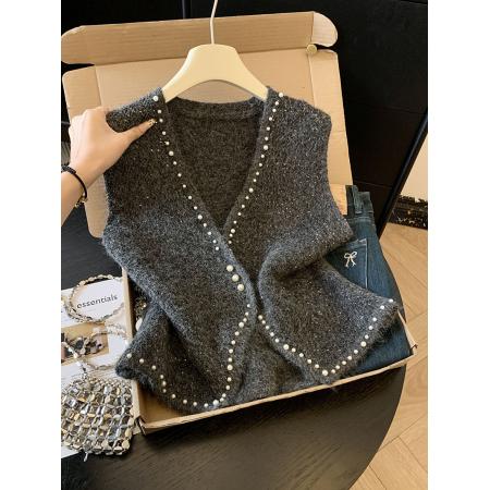 FA54857# 设计感钉珠针织马甲开衫女冬季新款高级感叠穿坎肩毛衣上衣女  服裝批發女裝批發服飾貨源